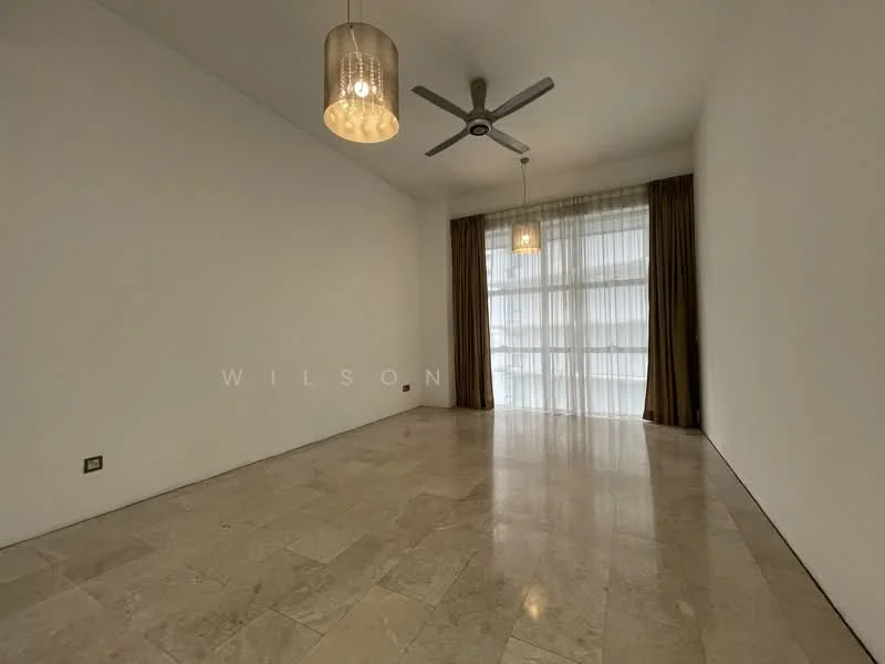 Living features: marble tile flooring, white painted walls, 5-blade ceiling fan with light, 2 pendant lamps, floor-to-ceiling windows, sheer curtains, brown curtains, neutral color scheme; style: modern.