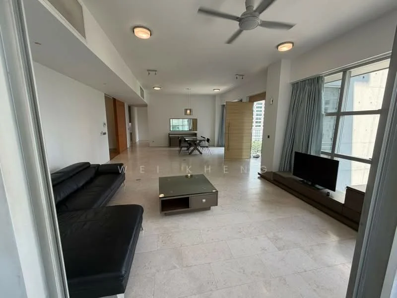 Living features: black leather sofa, coffee table, wall-mounted TV, entertainment unit, ceiling fan, recessed downlights, large windows, light-colored stone flooring, curtains, open layout; style: modern; view: city.