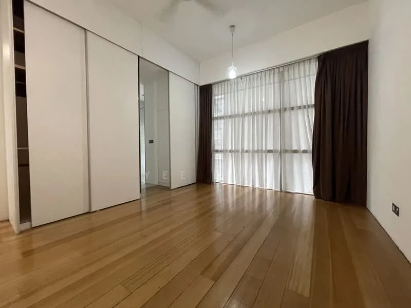 Bedroom features: wooden flooring, white painted walls, floor-to-ceiling windows, sheer curtains, dark brown curtains, built-in wardrobe with mirrored doors, ceiling fan, light fixture; style: modern.