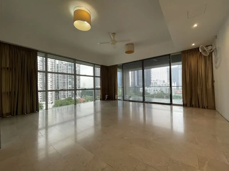Living features: floor-to-ceiling windows, cream painted walls, marble tile flooring, 5-blade ceiling fan, recessed downlights, curtains, air conditioning unit, open layout; style: modern; view: city.