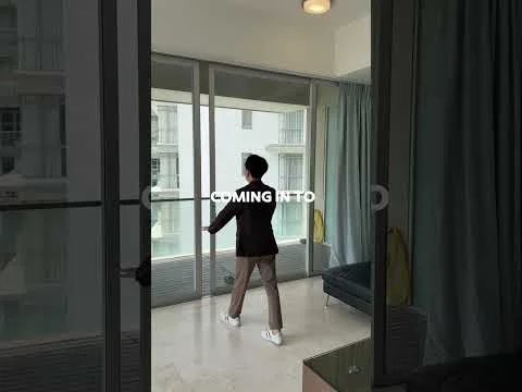 Room features: floor-to-ceiling windows, sliding glass door, curtains, light-colored walls, marble flooring, ceiling light fixture, sofa, decorative items; style: modern.