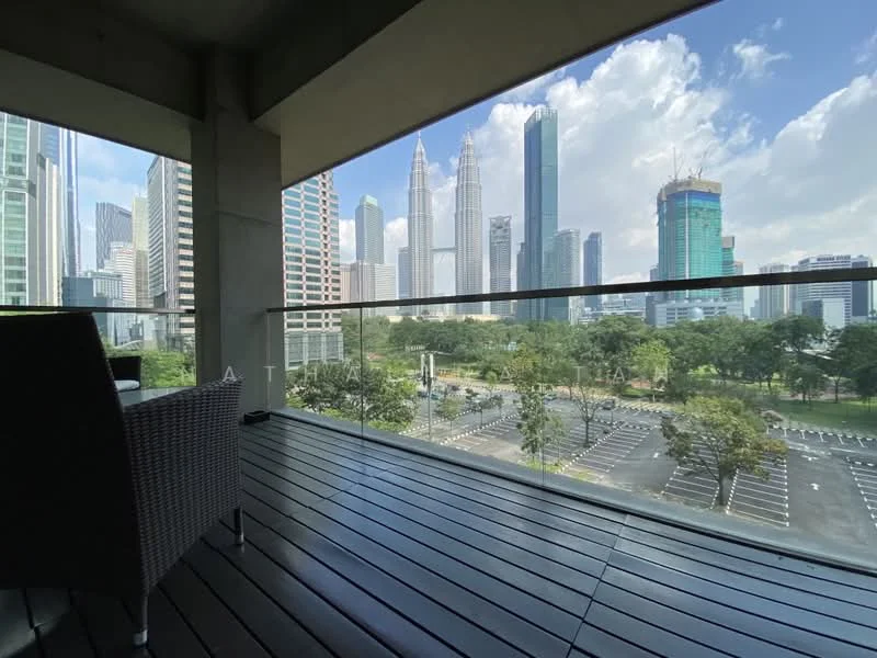 Balcony features: glass railing, wooden decking, outdoor seating, city skyline view, surrounding greenery; style: modern; view: city.