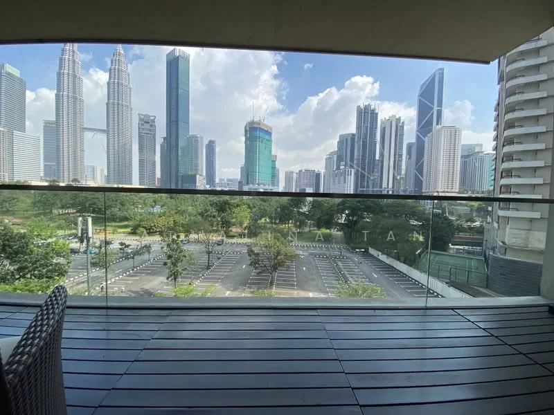 Balcony features: glass railing, wooden decking, city skyline view, outdoor seating area; style: modern; view: city.