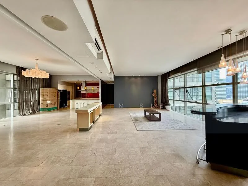 Living features: large floor-to-ceiling windows, marble flooring, recessed downlights, chandelier, open layout, neutral wall color, decorative wall art, area rug, bar counter, furniture pieces, storage boxes; style: modern; view: city. Kitchen features: open kitchen layout, island counter, red cabinetry, stainless-steel appliances, built-in oven, microwave, dishwasher, kitchen hood, pendant lighting; style: modern.