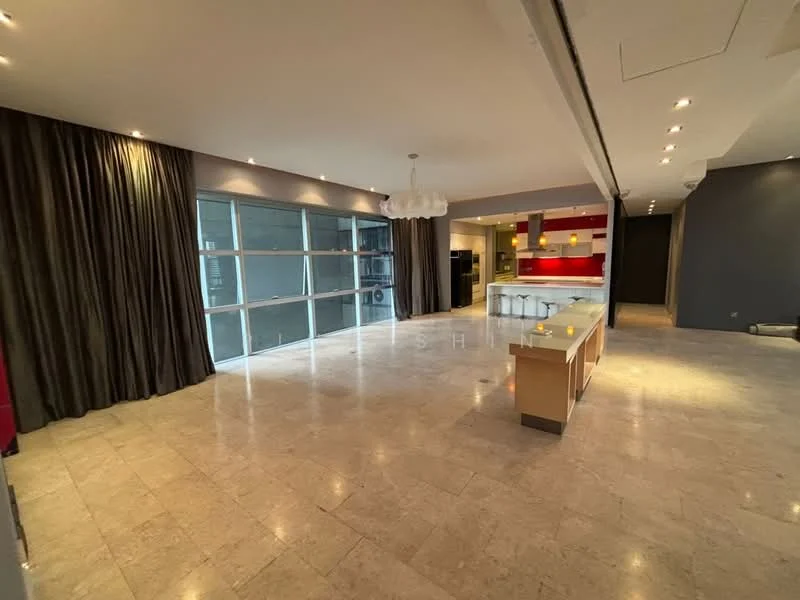 Living features: marble tile flooring, floor-to-ceiling windows, grey curtains, recessed downlights, chandelier, open kitchen layout, red accent wall, kitchen island with seating, stainless-steel appliances, dark cabinetry, light-colored countertops; style: modern.