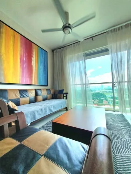 Living features: 3-seater fabric sofa in brown and beige, coffee table, area rug with geometric pattern, floor-to-ceiling windows, sheer curtains, 5-blade ceiling fan with light, framed artwork with colorful stripes, wooden armchair, city view; style: modern; view: city.