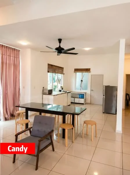 Dining features: rectangular dining table with glass top, 4 wooden dining chairs, ceiling fan with 5 blades, white painted walls, tile flooring, large windows with sheer curtains, refrigerator, kitchen area visible in background, countertop with sink, built-in cabinets; style: modern.