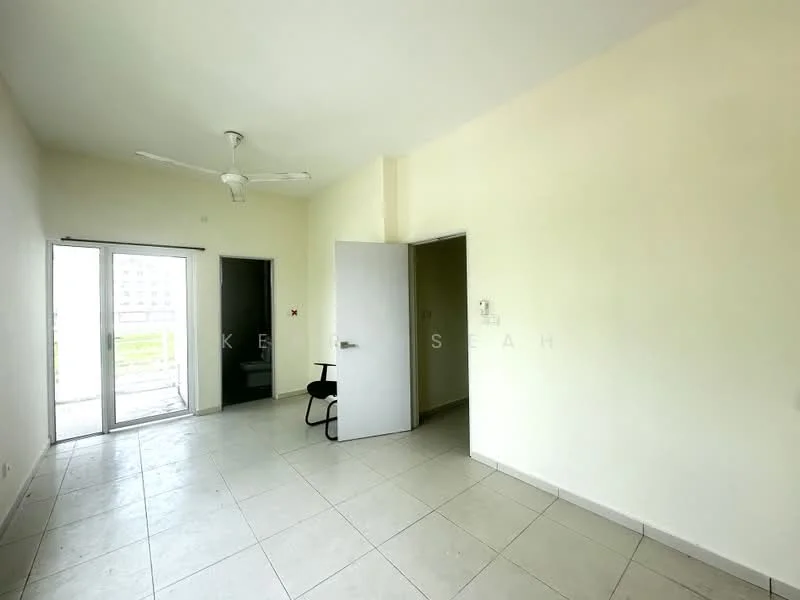 Room features: white painted walls, tiled flooring, ceiling fan, sliding glass door, door to another room, window, neutral colour scheme; style: minimalist; view: garden.