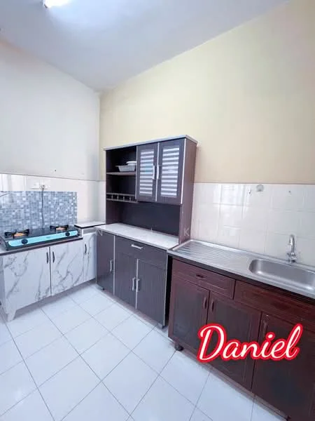 Kitchen features: marble countertop, stainless-steel sink, chrome faucet, gas stove with 2 burners, dark wood cabinetry, white tiled backsplash, white tiled flooring, open shelving, grey cabinetry with glass doors; style: modern.