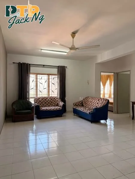 Living features: 2 fabric sofas in blue with floral pattern, ceiling fan, white painted walls, tile flooring, large windows with sheer curtains, curtains in dark grey, natural light from windows, decorative wall clock; style: modern.