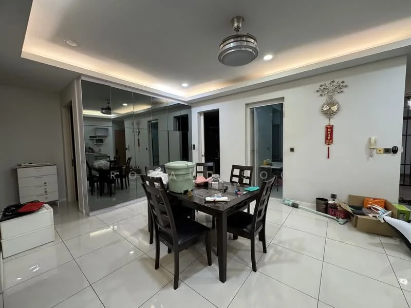 Dining features: dining table with four chairs, white ceramic tile flooring, recessed ceiling lights, 5-blade ceiling fan with light, mirrored wall, decorative wall clock, wall-mounted intercom, built-in cabinets, open space leading to other rooms; style: modern. Room features: white painted walls, sliding glass doors, storage boxes, additional furniture visible.