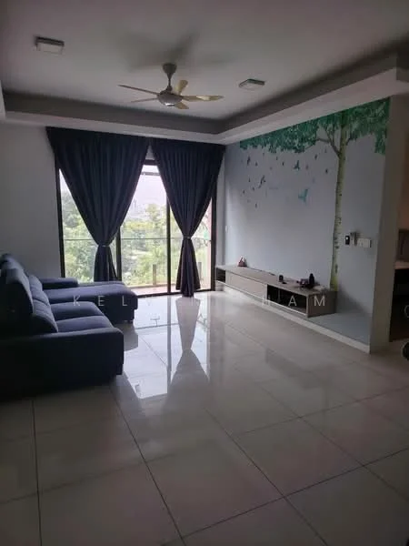 Living features: 3-seater fabric sofa in blue, floor-to-ceiling windows, sliding glass door, dark blue curtains, white painted walls, decorative wall with tree and birds mural, glossy tile flooring, ceiling fan with light, TV console, built-in shelving; style: modern; view: garden.
