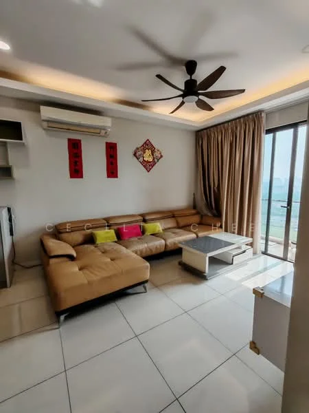 Living features: L-shape sectional sofa in beige, coffee table, wall-mounted TV, 5-blade ceiling fan with light, floor-to-ceiling windows, curtains, air conditioning unit, decorative wall art, white tiled flooring, recessed lighting, neutral wall color; style: modern; view: city.
