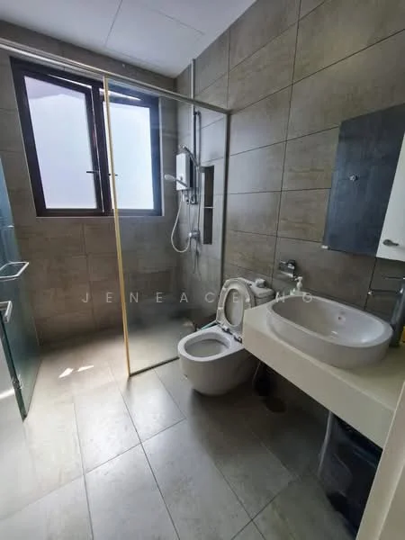 Bathroom features: glass shower enclosure, rain shower head, handheld shower, single-sink vanity with countertop, round basin sink, chrome basin mixer faucet, one-piece toilet, tile flooring, grey tiled walls, window for natural light, mirror above vanity, wall-mounted storage cabinet; style: modern.
