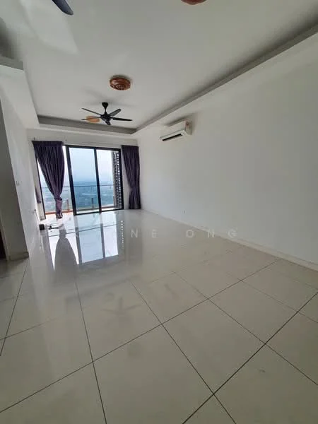 Living features: white painted walls, polished ceramic tile flooring, tray ceiling, 5-blade ceiling fan, floor-to-ceiling windows, sliding glass door, sheer curtains, air conditioning unit, city view; style: modern; view: city.