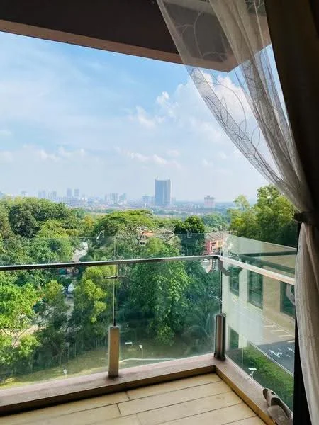 Room features: glass balcony railing, wooden flooring, curtains, city skyline view, greenery view; view: city.