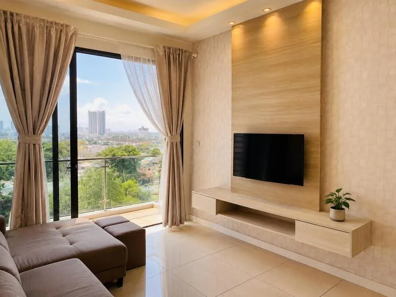 Living features: floor-to-ceiling windows, sliding glass door, cream painted walls, wood feature wall, wall-mounted TV, light-colored sofa, coffee table, curtains, recessed downlights, tile flooring, decorative plant; style: modern; view: city.