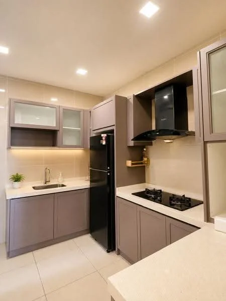 Kitchen features: grey cabinetry, white quartz countertop, single-bowl stainless-steel sink, chrome pull-down faucet, built-in black range hood, 2-burner gas hob, stainless-steel fridge, glass-front upper cabinets, recessed LED downlights, tile backsplash, white tiled flooring; style: modern.