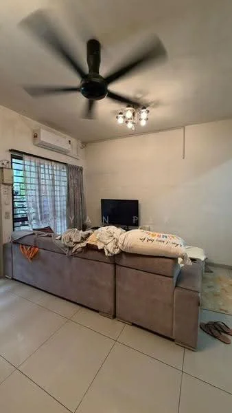 Living features: 5-blade ceiling fan with light, wall-mounted TV, sofa in grey fabric, coffee table, recessed downlights, large window with sheer curtains, tile flooring, air conditioning unit, decorative throw blankets; style: modern.
