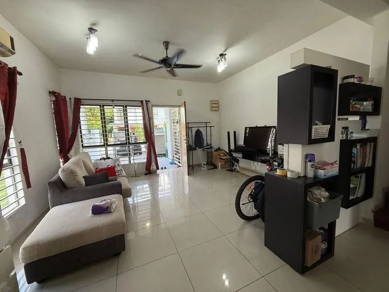 Living features: 3-seater fabric sofa in light grey, coffee table, TV console, wall-mounted TV, floor-to-ceiling windows, sliding glass door, white painted walls, polished ceramic tile flooring, ceiling fan with light, recessed downlights, curtains in red, decorative shelving unit; style: modern; view: garden.