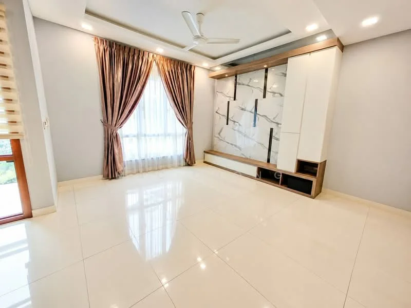 Living features: white painted walls, cream tiled flooring, 5-blade ceiling fan with light, floor-to-ceiling windows, sheer curtains, dark wood entertainment unit, recessed lighting, decorative ceiling with lighting, large window with city view; style: modern; view: city.