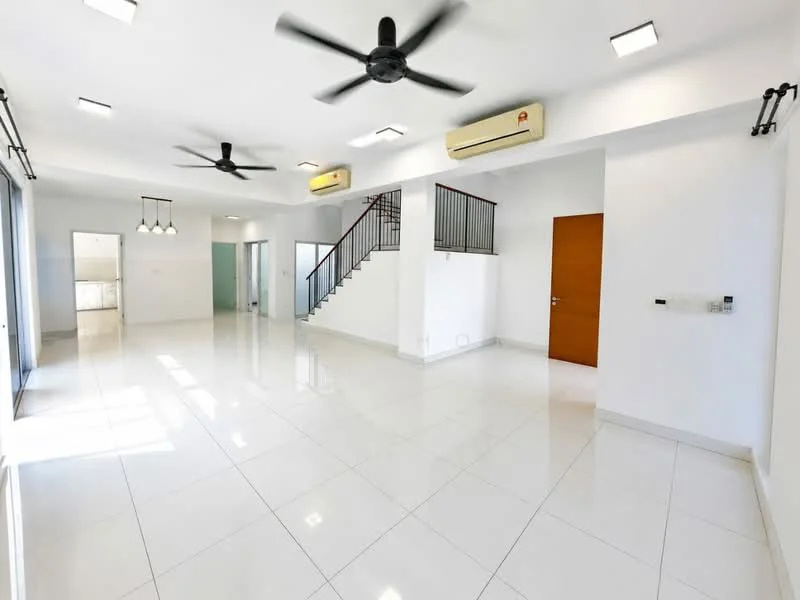 Living features: white painted walls, polished ceramic tile flooring, 5-blade ceiling fan with light, 5-blade ceiling fan, recessed LED downlights, large sliding glass door, window with sheer curtains, staircase with metal railing, air conditioning unit, wall-mounted light switch, open layout; style: modern.