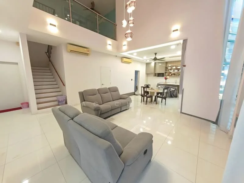Living features: grey fabric reclining sofa, 2-seater sofa, 3-seater sofa, white tiled flooring, high ceiling with pendant lights, ceiling fan, wall-mounted air conditioning unit, open layout to kitchen, large windows for natural light, decorative wall with light fixtures; style: modern. Dining features: wooden dining table, 4 dining chairs, open layout to living area, near kitchen, natural light from windows; style: modern.
