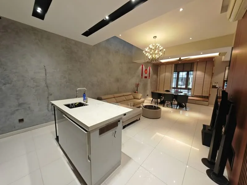 Living features: grey accent wall, white tiled flooring, chandelier, sofa in beige, coffee table, dining table for four, floor-to-ceiling windows with blinds, kitchen island with marble countertop, stainless-steel sink, chrome pull-down faucet, recessed downlights, air conditioning unit; style: modern.