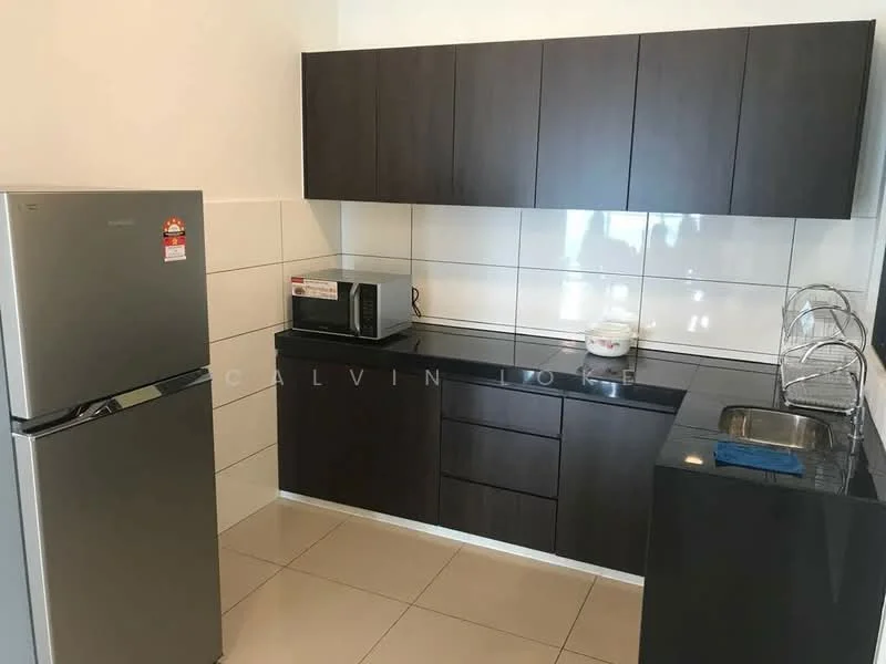 Kitchen features: dark wood cabinetry, black countertop, stainless-steel fridge, microwave, single-bowl stainless-steel sink, chrome pull-down faucet, white tiled backsplash, ceramic tile flooring, under-cabinet lighting; style: modern.