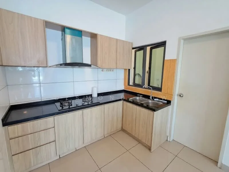 Kitchen features: light wood cabinetry, black granite countertop, stainless-steel gas hob, stainless-steel range hood, single-bowl stainless-steel sink, chrome pull-down faucet, white tiled backsplash, cream tiled flooring, window with black frame, door to adjacent room; style: modern.