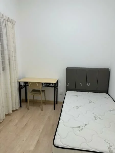 Bedroom features: single bed, upholstered headboard, wooden flooring, white painted walls, curtains, desk with chair, mattress without bedding; style: minimalist.