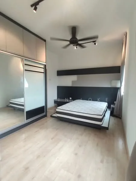 Bedroom features: queen-size bed, upholstered headboard, built-in wardrobe with mirrored doors, wooden flooring, ceiling fan with light, wall-mounted bedside lamps, black accent wall, light-colored curtains; style: modern.