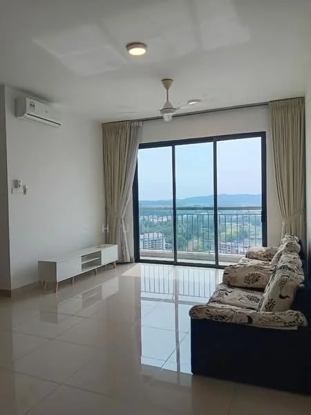 Living features: floor-to-ceiling windows, sliding glass door, white painted walls, polished ceramic tile flooring, 5-blade ceiling fan with light, sofa with floral pattern, TV console, curtains, city view; style: modern; view: city.