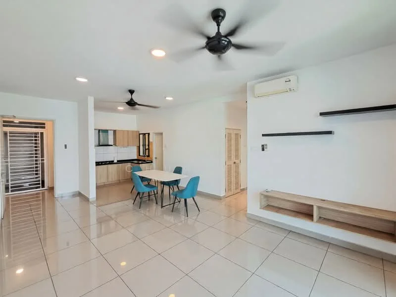 Living features: white painted walls, glossy tile flooring, 5-blade ceiling fan with light, 2 ceiling fans, recessed downlights, open layout, built-in shelving unit, air conditioning unit, dining table with 4 blue chairs, kitchen area visible in background; style: modern.