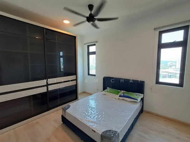 Bedroom features: queen-size bed, upholstered headboard, built-in wardrobe with sliding doors, two windows, light-colored wooden flooring, ceiling fan, white painted walls, decorative pillows; style: modern; view: city.