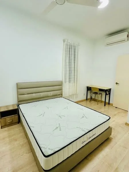 Bedroom features: queen-size bed with beige upholstered headboard, light wood bedside table, white walls, wooden flooring, ceiling fan, wall-mounted split AC, window with sheer curtains, study desk with chair, door leading to hallway; style: modern.