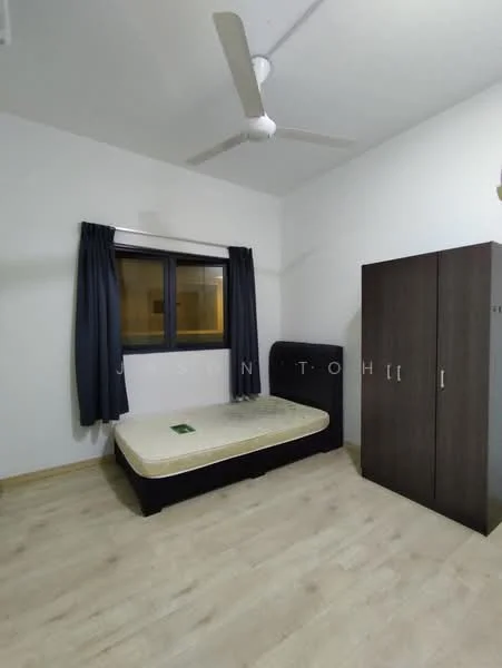 Bedroom features: single bed, wooden wardrobe, ceiling fan, dark curtains, light wood flooring, white painted walls, window with view, mattress on bed frame; style: modern.