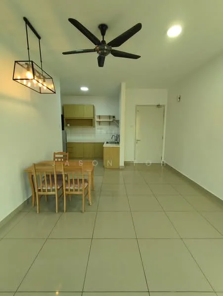 Dining features: 4-seater dining table, wooden dining chairs, ceiling fan with 5 blades, recessed LED downlights, cream painted walls, glossy ceramic tile flooring, open kitchen layout, kitchen cabinetry visible in background; style: modern.