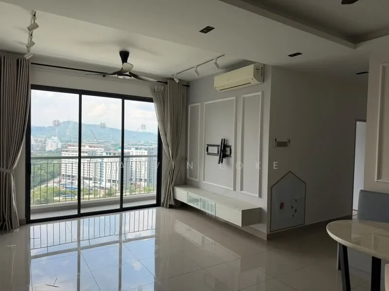 Living features: floor-to-ceiling windows, sliding glass door, 5-blade ceiling fan with light, recessed downlights, white painted walls, cream tiled flooring, wall-mounted TV, TV console, air conditioning unit, curtains, decorative wall paneling, open layout, view of city skyline; style: modern; view: city.