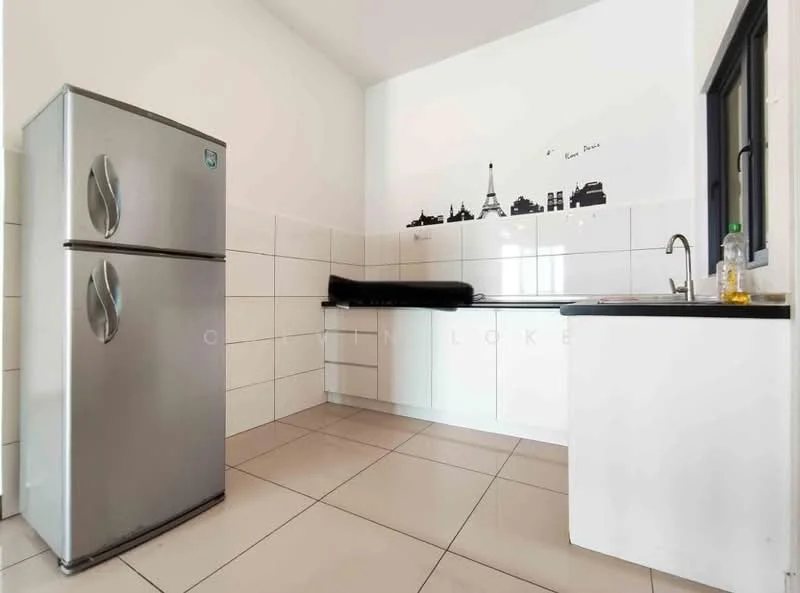 Kitchen features: stainless-steel fridge, black countertop, white cabinetry, single-bowl stainless-steel sink, chrome pull-down faucet, white tiled backsplash, cream tiled flooring, window with black frame, decorative wall art, kitchen towel on countertop; style: modern.