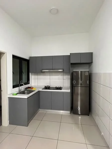 Kitchen features: grey cabinetry, white countertop, stainless-steel sink, chrome pull-down faucet, built-in gas hob with two burners, stainless-steel range hood, stainless-steel fridge, white tiled backsplash, white tiled walls, glossy floor tiles, floor-to-ceiling window, under-cabinet lighting; style: modern.