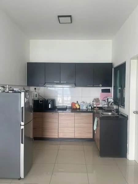 Kitchen features: black upper cabinets, wooden lower cabinets, black countertop, stainless-steel sink, chrome pull-down faucet, built-in stove, refrigerator, tile backsplash, ceramic tile flooring, window with metal frame, kitchen utensils on countertop, dish drying rack; style: modern.