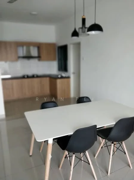 Dining features: white dining table, 4 black dining chairs, pendant lighting with black shades, grey tiled flooring, open layout to kitchen, wood cabinetry in kitchen, stainless-steel range hood, kitchen countertop, wall-mounted cabinets; style: modern. Kitchen features: wood cabinetry, stainless-steel range hood, kitchen countertop, grey tiled flooring; style: modern.