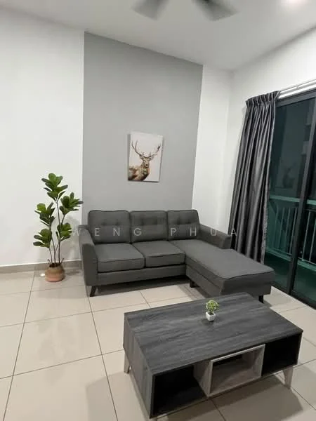Living features: grey L-shape sectional sofa, coffee table with storage, framed artwork on wall, potted plant, floor-to-ceiling windows, curtains, tile flooring, white painted walls, ceiling fan; style: modern.