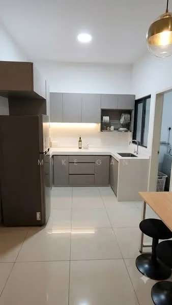 Kitchen features: grey cabinetry, white countertop, stainless-steel sink, chrome pull-down faucet, built-in oven, stainless-steel fridge, ceramic tile flooring, recessed downlights, wall-mounted shelves, window with black frame, dining table with wooden top, black stools; style: modern.