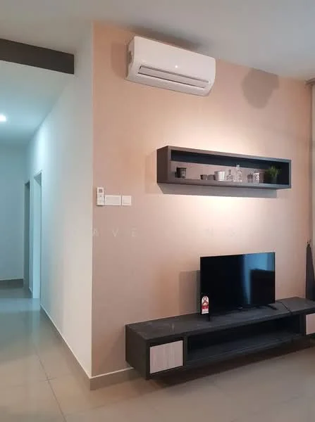 Living features: wall-mounted TV, TV console with storage, light-colored painted walls, cream tiled flooring, wall-mounted air conditioning unit, floating shelf with decorative items, recessed lighting, curtains; style: modern.
