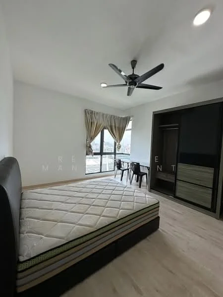 Bedroom features: queen-size bed with mattress, 5-blade ceiling fan, floor-to-ceiling windows, curtains, wooden flooring, built-in wardrobe with sliding doors, small dining table with chairs, neutral painted walls, natural light from windows; style: modern; view: garden.