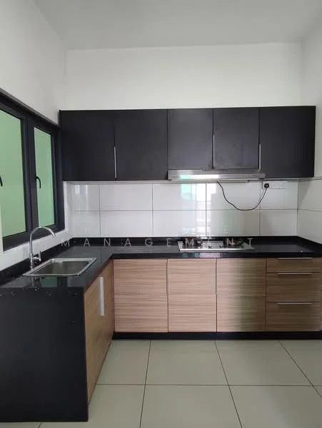 Kitchen features: black upper cabinets, wooden lower cabinets, black granite countertop, stainless-steel single-bowl sink, chrome pull-down faucet, white tiled backsplash, white tiled flooring, two windows with green view; style: modern.