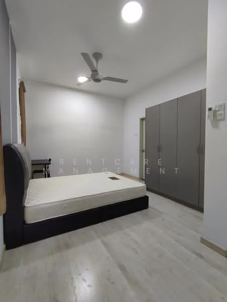 Bedroom features: queen-size bed frame without mattress, built-in wardrobe with grey finish, wooden flooring, white painted walls, ceiling fan, window with curtain, study desk, recessed lighting; style: modern.