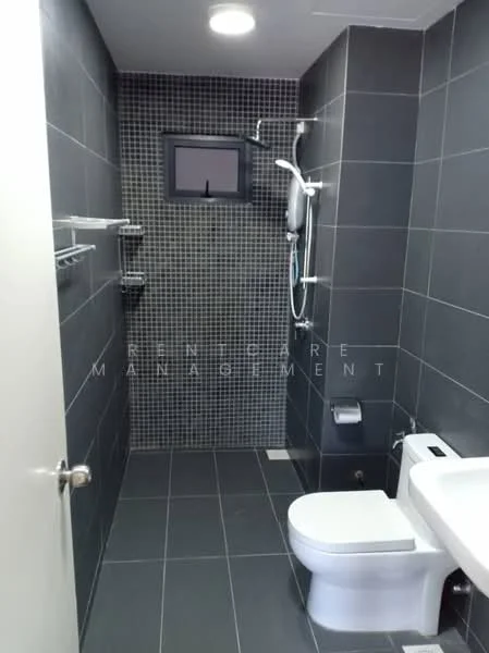 Bathroom features: grey ceramic tile flooring, grey tiled walls, mosaic tile accent wall, one-piece toilet, wall-mounted shower with adjustable head, chrome shower mixer, glass shower enclosure, built-in shelving, small window, recessed ceiling light; style: modern.